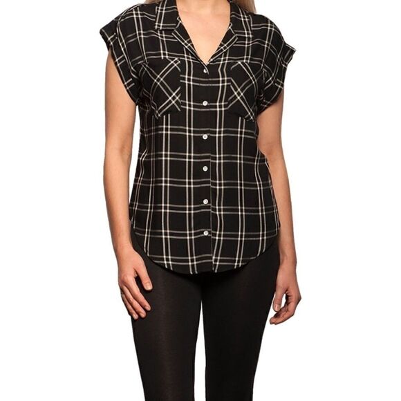 Jachs Girlfriend Plaid Button Up Cutoff Sleeve Top - Picture 1 of 7